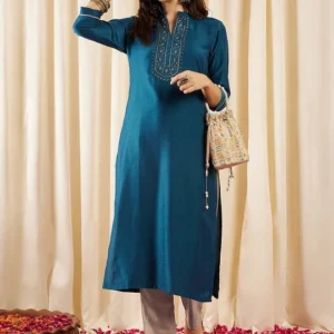 teal floral yoke design mandarin collar thread work straight kurta