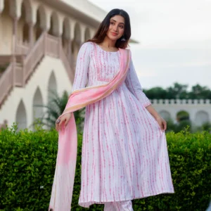 ethnic set women printed flared kurta and pant set with dupatta